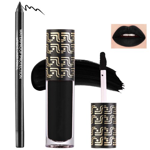 2 Pcs Lip Liner and Lipstick Set,Pigmented Velvet Lipgloss Kit Black Matte Lipstick Lip Liner Set,Waterproof Black Lip Gloss Stain Liquid Lipstick Set Cosplay Halloween Goth Makeup Gift Kit