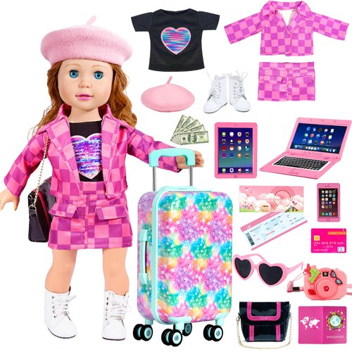 18 inch Doll Clothes Accessories Girl Suitcase Luggage Travel Set Including 18 inch Doll Clothes Hat Handbag Sunglasses Camera Computer Passport Cell Phone Tablet, Gift for Christmas Birthday