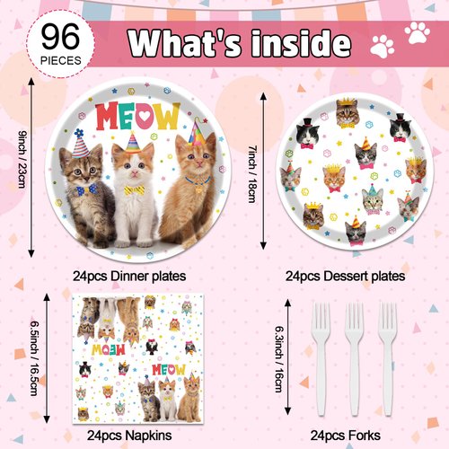 Cat Plates and Napkins Party Supplies - 96PCS Cat Birthday Party Decorations Cat Disposable Tableware Set kids Birthday Party Serve 24 Guests