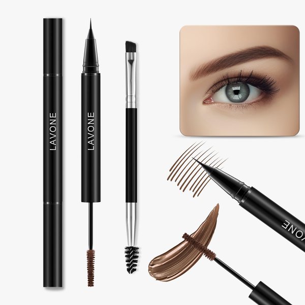 LAVONE Eyebrow Pencil and Eyebrow Gel 2-in-1, Waterproof Ultra-Precise Tip Brow Pen and Tinted Eyebrow Mascara, with Dual-ended Eyebrow Brush, Eyebrow Makeup for Natural Looking Eyebrows -Dark Brown ﻿
