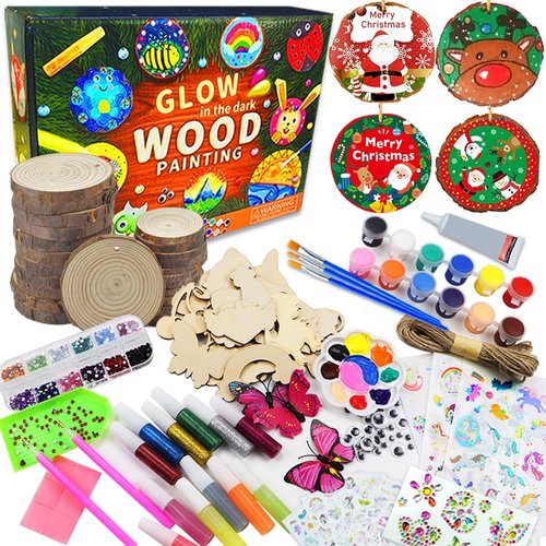 Quimoy 24 Pcs Wooden Painting Kit-Glow in The Dark, Arts and Crafts for Kids Ages 8-12, Ornament Making Kit for Adults Kids, Painting Kits for Kids Ages 4-8, Christmas Craft for Adults Kids