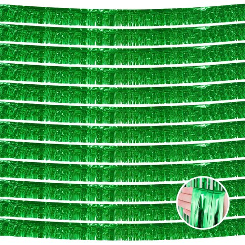 12 Pack 10 Feet Metallic Foil Fringe Garland Tinsel Streamers Banner, Green Wall Hanging Tinsel Fringe Banners for Parade Floats, Wedding, Birthday, Christmas, New Year Party Decorations