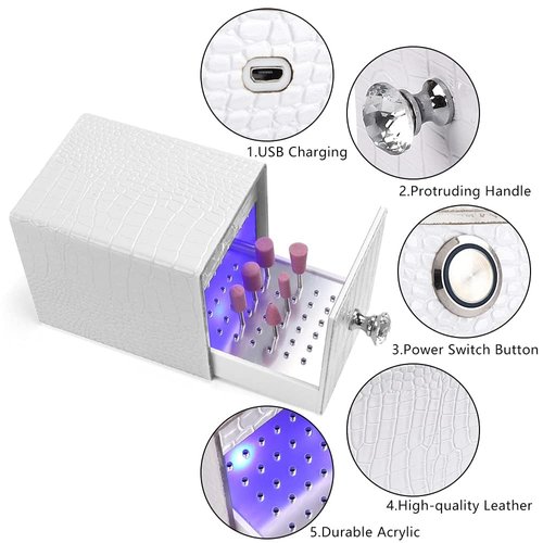 Mino BEAUTY 48 Holes Leather Nail Drill Bit Holder Blue UV LightBox Organizer Professional Nail Bit Stand Dustproof Container Case for Drill Bit Head Use for Manicure Tools with USB Charging (Pink)