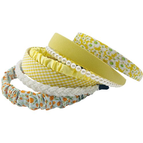 MEFINESHOW 7PK Different Fashion Headbands for Women,Non Slip Flower Headband,Cute Pearl Headbands for Girls,Vintage Wide Headband for Women,Bandana Hair Accessories Set (Yellow)