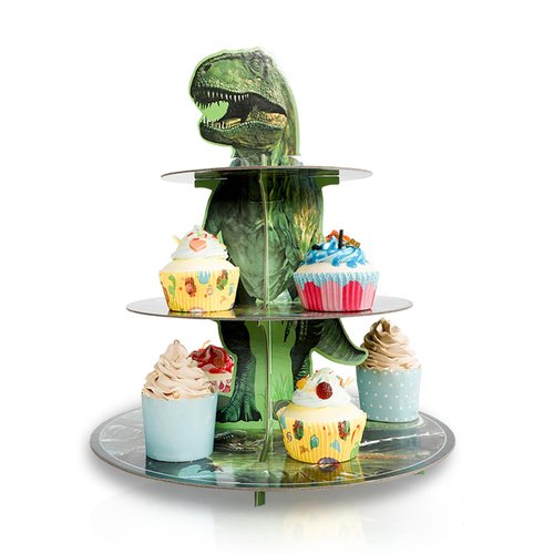 Fenyluxe 3 Tier Dinosaur Cupcake Stand for Party Decorations, Realistic Dinosaur Theme Cupcake Holder, Dinosaur Dessert Tower for Kids' Jungle Theme Birthday Supplies