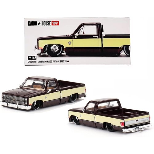 Diecast Model Car Compatible with Kaido House 1:64 Chevrolet Silverado KAIDO Vintage Spec V1 Two-Tone Brown Cream Limited Edition KHMG145