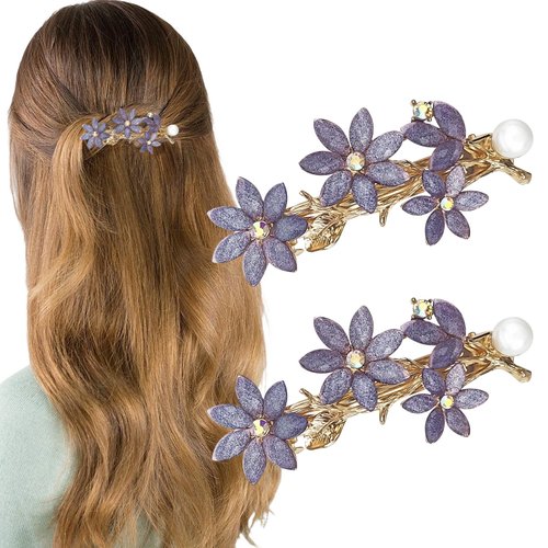 2 PACK Rhinestone Hair Clips Barrettes for Women, Purple Vintage Rhinestone Hair Clips Sparkly Crystal Clips Flower Small Hair Barrettes Fancy Wedding Hair Accessories for Women Girls Bridal