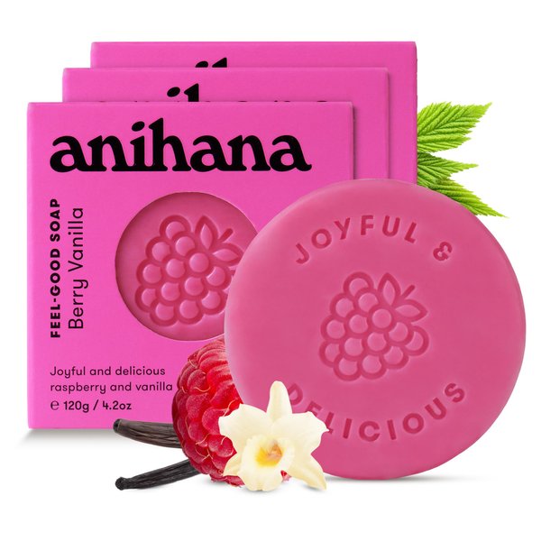 ANIHANA Feel-Good Soap 3 Pack with Coconut Oil and Shea Butter Gentle Cleansing Paraben Free Cruelty Free Refreshing Berry Vanilla Scent 4.2 oz each
