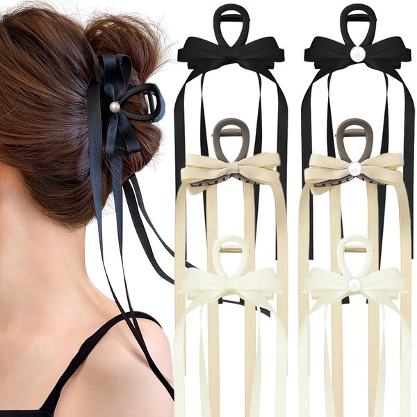 6 PCS Tassel Ribbon Bow-knot Hair Clips with Long Tail for Thin, Thick, Curly Hair - Non-Slip Pearl Jaw Clips Hair Accessories for Women and Girls