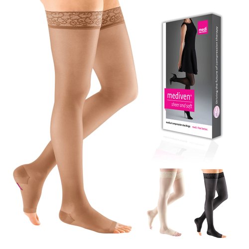 mediven Sheer & Soft for Women, 20-30 mmHg - Open Toe, Thigh High Compression Stockings, Sheer Hosiery, II, Natural