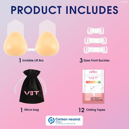 VBT Adhesive Bra Lift - Strapless Sticky Bra for Women Push Up Invisible, Reusable Stick on Bra Nipple Covers Self Silicone Braless Bra (Medium, Begie) Beige