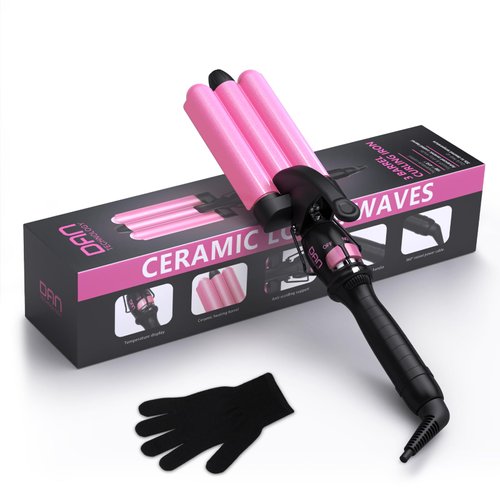 DAN Technology 3 Barrel Curling Iron 1 Inch Ceramic Tourmaline Triple Barrels for Beachy Waves Temperature Adjustable Hair Curling Wands Dual Voltage Hair Crimper Frizz-Free Cruls, Pink