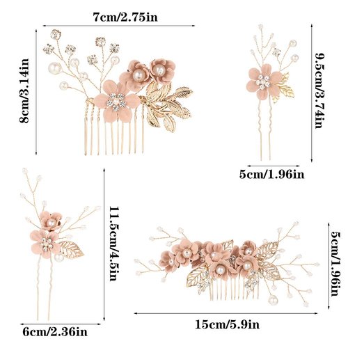 BOWINR 4 Pcs Wedding Hair Comb Pearl Crystal Bride Rose Gold Hair Accessories Hair Side Comb Clips Flower Rhinestone Head Pieces for Bridesmaid Women and Girls