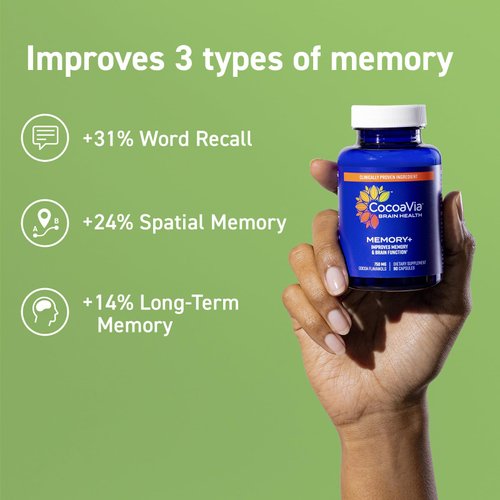 CocoaVia Memory+ Brain Supplement, 60 Day, 750 mg Cocoa Flavanols, Memory & Brain Booster, Vegan, Plant Based,180 Capsules