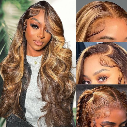 SKYDO Highlight Ombre Lace Front Wig Human Hair 4/27 Honey Blonde HD Lace Front Wigs Human Hair P...