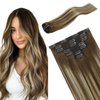 FUBILI Clip in Hair Extensions Chestnut Brown Balayage to Platinum Blonde Mix Brown Real Human Hair Medium Brown Ombre Hair Extensions Remy Human Hair Clip in Extensions 14Inch 7Pcs 105g