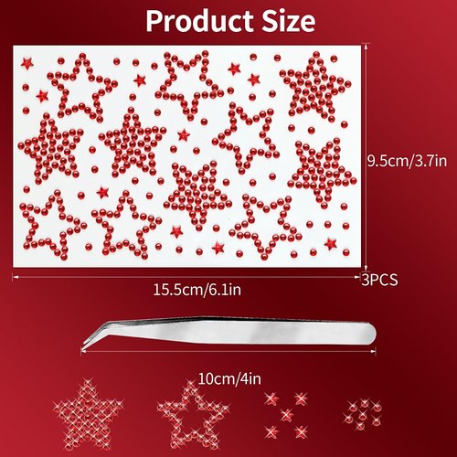 Star Face Gems Hair Gems Face Rhinestones for Makeup Festival Face Jewels Hair Jewels, Self-Adhesive Rhinestones and Gems for Face, Hair, Body, Eye, Crafts(Red-3/6/20mm)