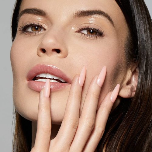 Static Nails Reusable Pop-On Manicure Set, Non-Damaging Glue-On Nails (Coffin) - False Nails with Static Nail Glue, Nail Set, Fake Acrylic Press On Nails (Nude Peach Long, Coffin)