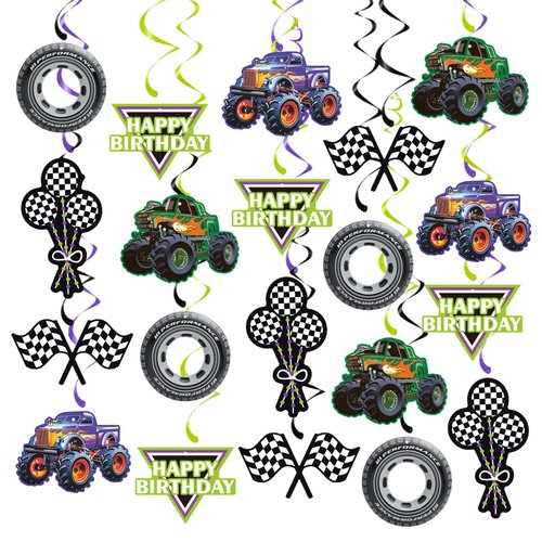 20Pcs Monster Truck Hanging Swirls Set, Wheel Tire Birthday Hanging Streamers Whirl, Green and Purple Racing Car Ceiling Hanging Decor for Monster Jam Theme Birthday, Monster Truck Theme Party