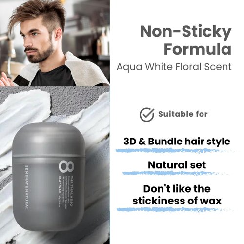 8 THE THALASSO Hair Styling Clay Wax, Non-Sticky Japanese Hair Wax with Semi-Matte Finish, Moisturizing Hair Product w/Deep Ocean Water, Natural Hold for All, Aqua White Floral Scent, 1.14 Oz/40g