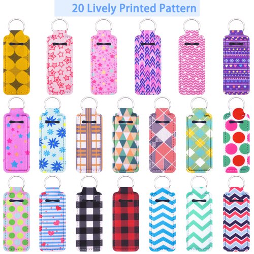 Duufin 20 Pieces Chapstick Holder Keychain Lip Balm Holder Neoprene Lipstick Keychain Holder with 20 Pieces Metal Clip Cords for Chapstick Tracker and Safeguard