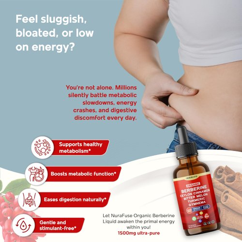 NURAFUSE Organic Berberine, Ceylon Cinnamon, Bitter Melon, Turmeric, Gymnema Liquid Drops – 1500mg per Serving, Ultra Potent – 2 FL OZ (60ml)