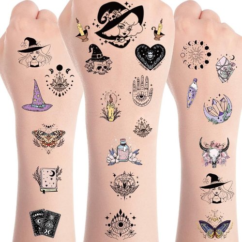 Halloween Witch Temporary Tattoo Sticker - 8pcs Magic Witchy Stickers Fake Tattoos Stickers for Women Adults Halloween Party Favors Gothic Stickers Body Arts Arm Wrist Face Decor