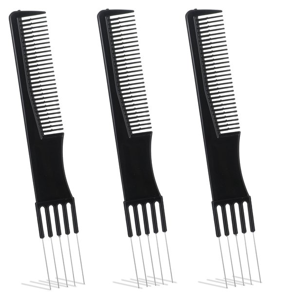 ZEYIYER 3PCS Hair Comb with Metal Pick, Metal Hair Picks for Women, Carbon Lift Teasing Combs with Metal Prong for Hair Styling
