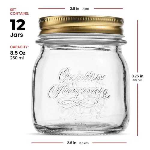 Bormioli Rocco Quattro Stagioni Small Glass Mason Jars 8.5 Ounce Mini Jars 12-Pack, with Metal Airtight Lid, For Jam, Jelly, baby food, Crafts, Spices, Dry Food Storage, Wedding favors, Decorating Jar