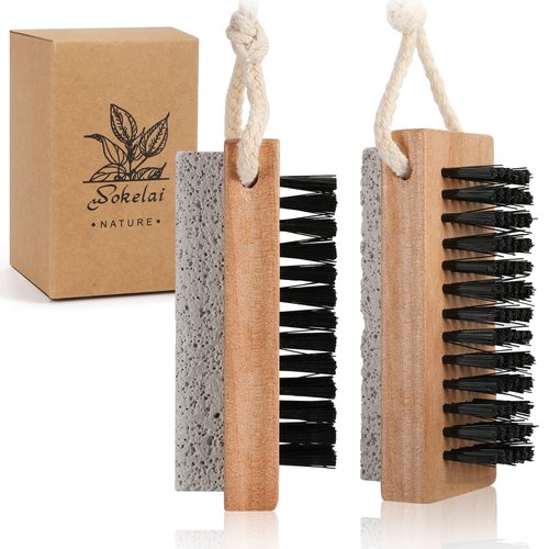 Foot Scrubber Brush with Pumice Stone for Feet Hands, Wooden Cleaning Fingernail Scrub Brush, Finger Toes Nails Cleaner Brushes with Stiff Bristles for Scrubbing Fingernails 2 in 1 Manicure Pedicure
