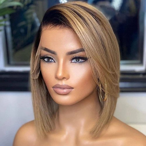 Ombre 13x6 Lace Front Wigs Human Hair Short Straight Bob Wigs Ash Blonde Remy Hair Pre Plucked Glueless Wig with Elastic Band for Women (8 Inch)