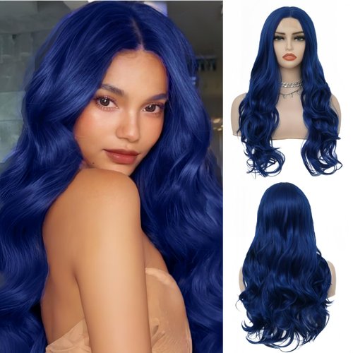 Salaibs Long Blue Curly Wavy Wigs for Women Lace Front Wigs Synthetic Natural Hairline Side Part ...