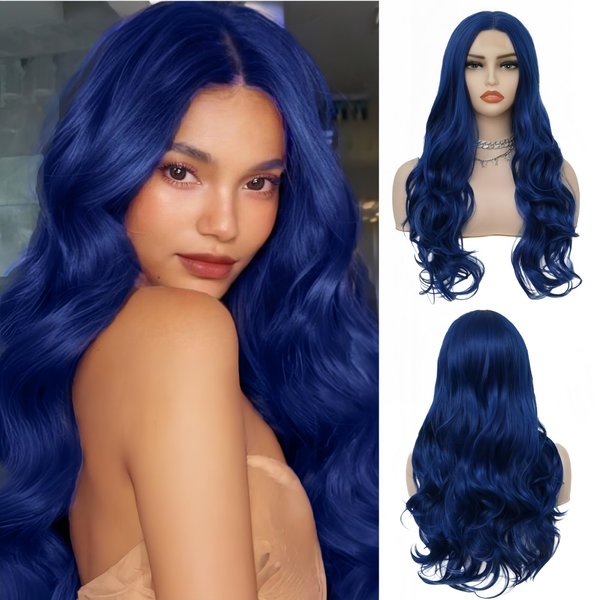 Salaibs Long Blue Curly Wavy Wigs for Women Lace Front Wigs Synthetic Natural Hairline Side Part Heat Resistant Halloween Cosplay Hair Wig