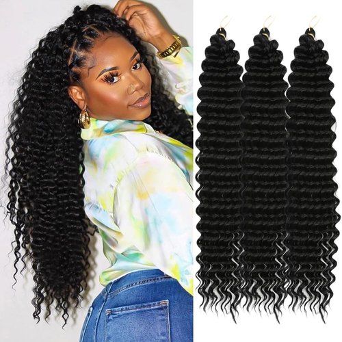 Curly Braiding Hair 22 Inch, Ocean Wave Crochet Hair for Black Women 3 Packs 1B#, Deep Wave Crochet Braiding Synthetic Hair Extensions for Boho Braids(1B#,22 inch 3 Packs)