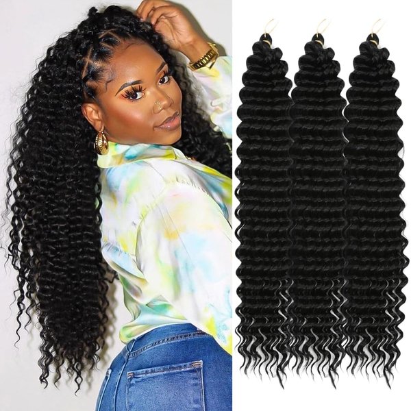 Curly Braiding Hair 22 Inch, Ocean Wave Crochet Hair for Black Women 3 Packs 1B#, Deep Wave Crochet Braiding Synthetic Hair Extensions for Boho Braids(1B#,22 inch 3 Packs)