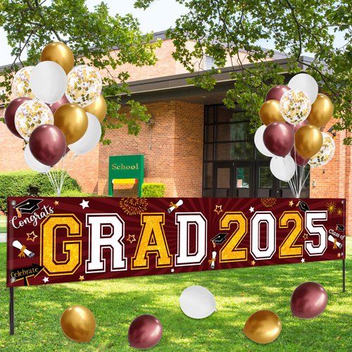 Maroon and Gold Graduation Yard Sign Banner Party Decoration Class of 2025, Maroon and Gold Congrats Banner Graduation Yard Sign 2025 with Balloons for Outdoor Graduation Party Supplies