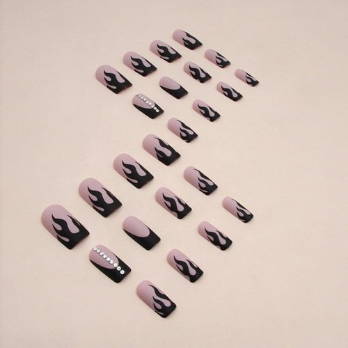 IMSOHOT Matte Square Press on Nails Medium Black Flame French Tips Fake Nails with Rhinestone Designs Full Cover Cool Glue on Nails Nude Squoval Acrylic False Nails 24Pcs