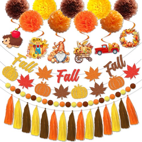 Fall Party Decorations, Happy Fall Banner Decoartions with Pumpkin Maple Leaf Hanging Swirls, Autumn Fall Home Decor Party Supplies for Office Classroom