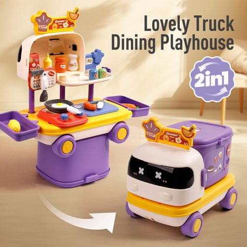 2 in 1 Kitchen Playset Truck Toy for Toddlers 1-3,Pretend Cooking Food Accessories Kitchen Tools Set for Kids with Play Pots,Big Pull Truck for Toddler Age 3-5 4-8 Birthday Xmas Gifts for Boys Girls