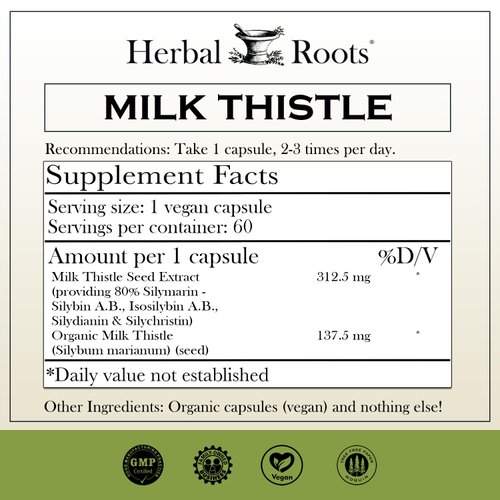 Herbal Roots Milk Thistle Capsules | Extra Strength 80% Silymarin Herbal Supplement | Made with Pure Organic Milk Thistle | Vegan and GMO Free