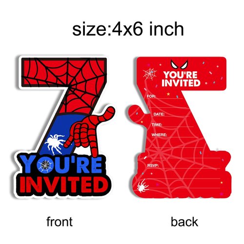 Superhero 7th Birthday Party Invitations with Envelopes 7 Year Old Birthday Seven Shaped Invites Card Boy Party Favors Decorations Supply, 20 Count