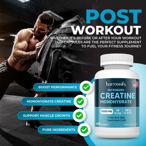 HARMONIFY Creatine Monohydrate Amino Acid Powder 2000 mg- Support Muscles, Cellular Energy and Cognitive Function - Gluten-Free, Keto - NSF Certified, 60 Servings