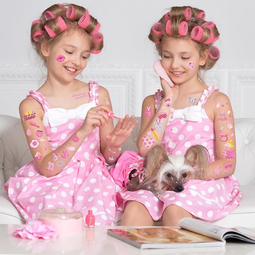 Pink Sleepover Party Temporary Tattoos for Girls - 78 Styles Slumber Party Birthday Supplies, Spa Party Cute Decorations, Sleepover Party Activity Favors Accessory