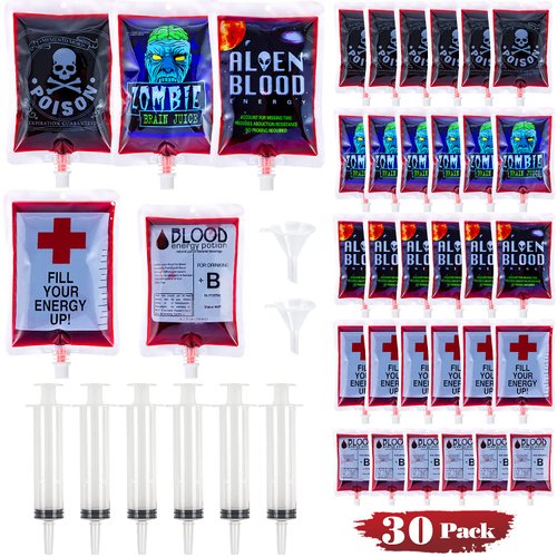 Halloween Blood Bags Party Supplies - 20 Halloween Drink Pouches + 2 Funnels Halloween Party Favors, Reusable Halloween Blood Bags Drink Bag for Vampire Zombie Costumes Props Party Decorations(5