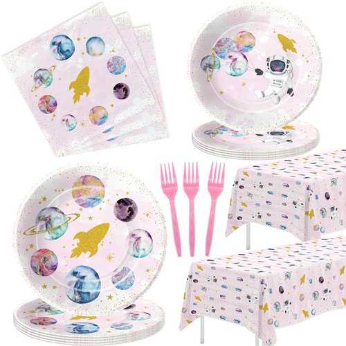 HIPVVILD Outer Space Birthday Decorations Tableware Girl - Space Theme Party Supplies, Plate, Napkin, Tablecloth, Fork, Galaxy Space Planet Astronauts Theme Birthday Baby Shower Decorations | Serve 24