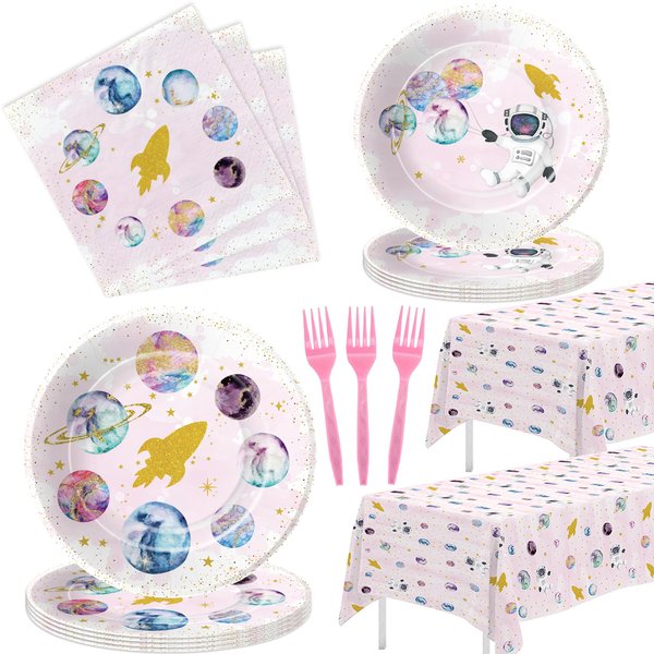HIPVVILD Outer Space Birthday Decorations Tableware Girl - Space Theme Party Supplies, Plate, Napkin, Tablecloth, Fork, Galaxy Space Planet Astronauts Theme Birthday Baby Shower Decorations | Serve 24