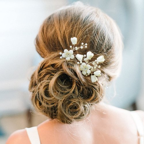 Sooshin 2 Pieces Porcelain Flower Bridal Hair pins Pearl Wedding Hair Accessories for Brides and Bridemaids Rhinestone Bridal Headpieces for wedding Crystal Hair Pins for Women and Girls (Silver-C)