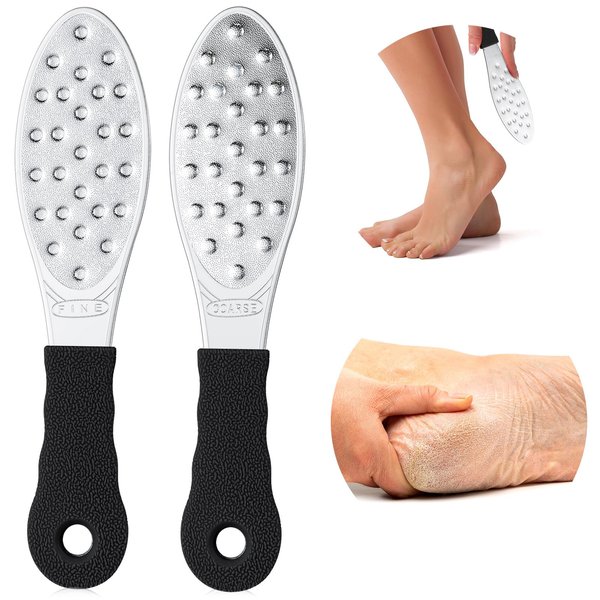 2 Pcs Stainless Steel Foot Scraper Metal Foot File Double Sided Foot File Callus Remover Professional Foot Rasp Scrubber for Wet or Dry Skin Easy to Clean Pedicure Tool Heel (Black)