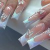24 Pcs Long Press on Nails White French Tips Fake Nails Butterfly Rhinestone Full Cover Nails Tips Coffin False Nails with Charms Nail Decorations Glitter Acrylic Nails Glue on Nails for Women Girls
