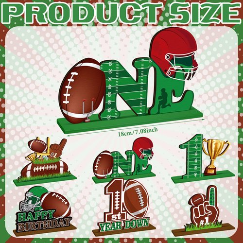Quzzil 6 Pcs Football 1st Birthday Decorations Football Table Centerpiece Wooden First Year Down Football Themed Party Supplies First Down Rugby Ball Decor Table Toppers for One Year Old Baby Shower